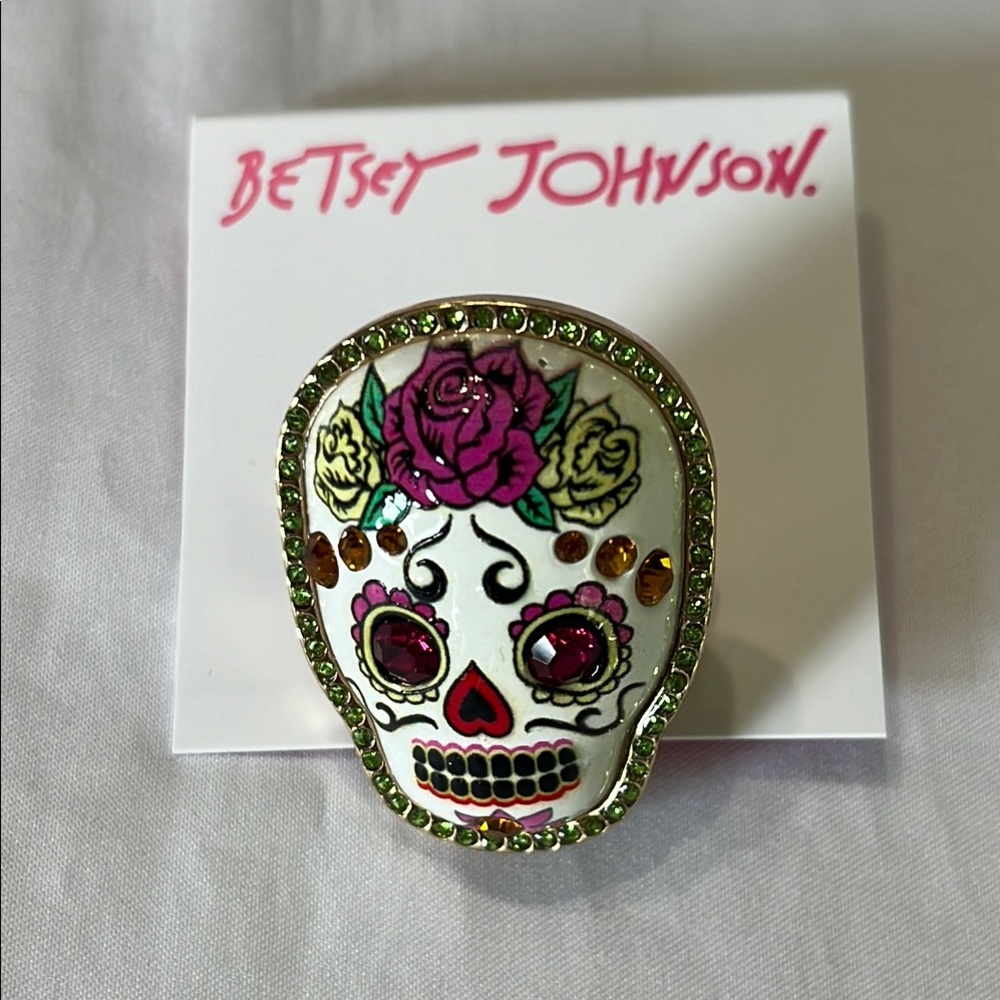 Betsey Johnson Sugar Skull Ring Adjustable Enamel NWT